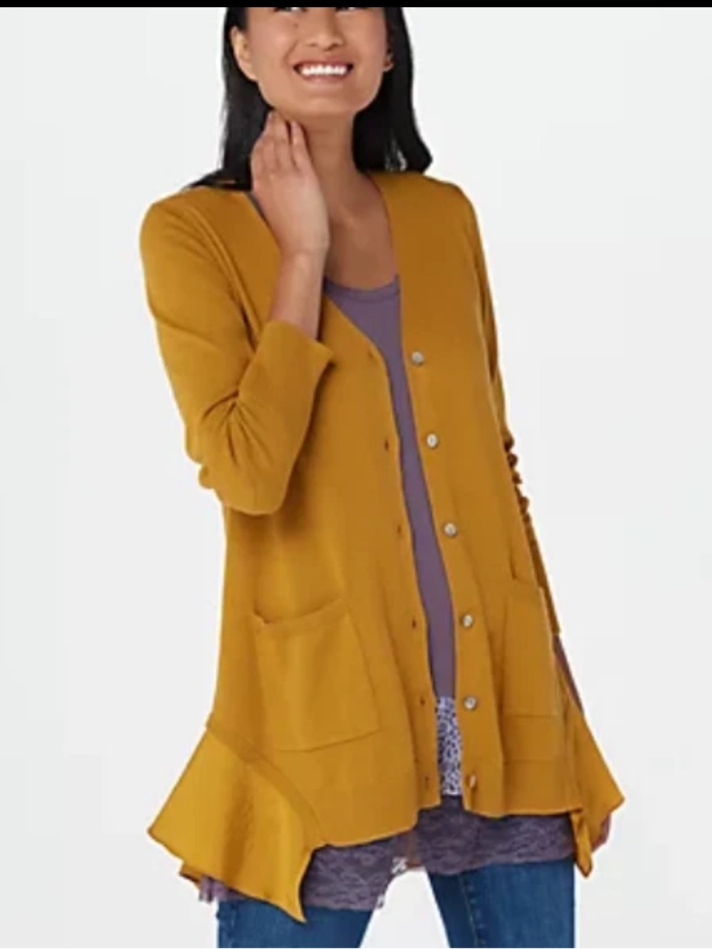 LOGO by Lori Goldstein legacy cotton cashmere cardigan sweater golden mustard